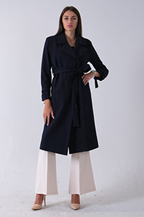 Lacivert Kol Bağlamalı Seyyar Kuşaklı Uzun Kaşe Kaban 41630051.02