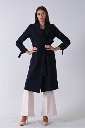Lacivert Kol Bağlamalı Seyyar Kuşaklı Uzun Kaşe Kaban 41630051.02