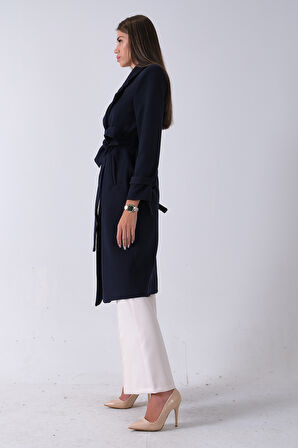 Lacivert Kol Bağlamalı Seyyar Kuşaklı Uzun Kaşe Kaban 41630051.02