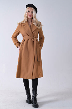 Camel Kol Bağlamalı Seyyar Kuşaklı Uzun Kaşe Kaban 41630051.09