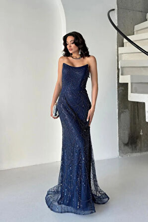 Lacivert Taş İşlemeli Uzun Balık Abiye 0801056.02