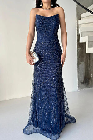 Lacivert Taş İşlemeli Uzun Balık Abiye 0801056.02