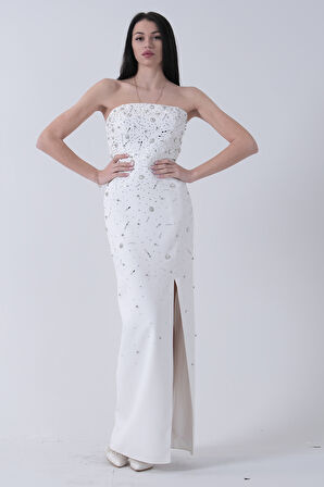 Beyaz Kadın Straplez Taş Detaylı Yırtmaçlı Abiye Elbise 0801045.15