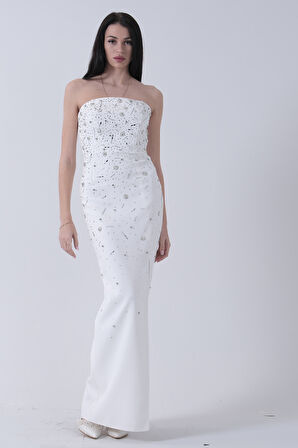 Beyaz Kadın Straplez Taş Detaylı Yırtmaçlı Abiye Elbise 0801045.15