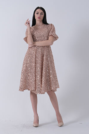 Gold Pul Payetli Midi Boy Kısakol Abiye 6502498.122