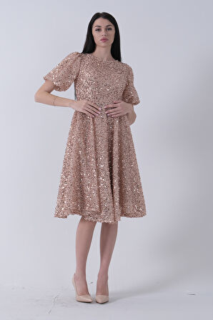 Gold Pul Payetli Midi Boy Kısakol Abiye 6502498.122