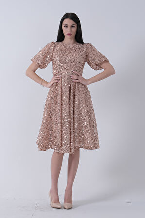 Gold Pul Payetli Midi Boy Kısakol Abiye 6502498.122