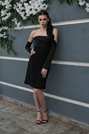 Siyah Drape Düğme Detaylı Midi Boy Abiye 0801168.01