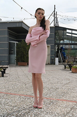 Pudra Drape Düğme Detaylı Midi Boy Abiye 0801168.79