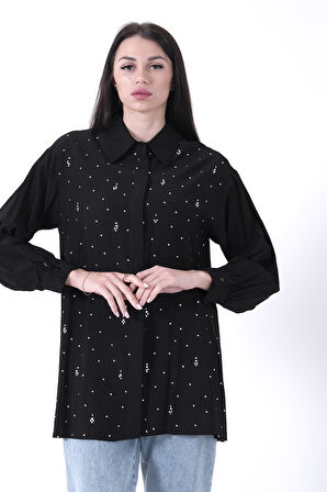 Siyah Üzeri Taş Detaylı Gizli Düğmeli Tunik 44510646.01