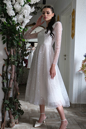Beyaz Kare Yaka Pul Payetli Midi Boy Abiye 6502491.15