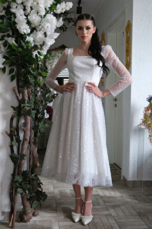 Beyaz Kare Yaka Pul Payetli Midi Boy Abiye 6502491.15