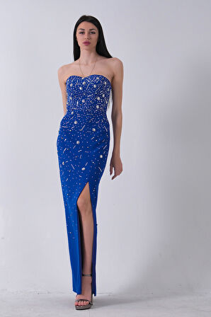 Saks Kadın Straplez Taş Detaylı Yırtmaçlı Abiye Elbise 0801045.26