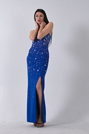 Saks Kadın Straplez Taş Detaylı Yırtmaçlı Abiye Elbise 0801045.26