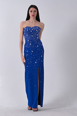 Saks Kadın Straplez Taş Detaylı Yırtmaçlı Abiye Elbise 0801045.26