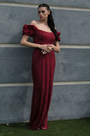 Bordo Üzeri Taş Boncuk İşlemeli Balon Kol Abiye 9705417.04
