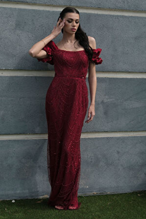 Bordo Üzeri Taş Boncuk İşlemeli Balon Kol Abiye 9705417.04