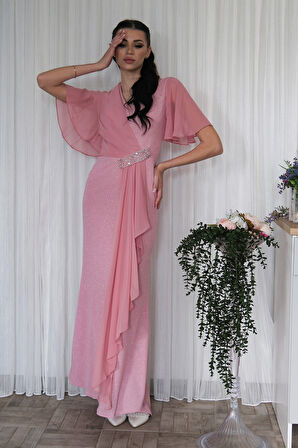 Pudra Beli Taş Detaylı Yarım Kol Tesettür Abiye 08061271.79