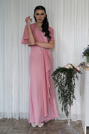 Pudra Beli Taş Detaylı Yarım Kol Tesettür Abiye 08061271.79