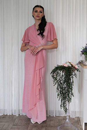 Pudra Beli Taş Detaylı Yarım Kol Tesettür Abiye 08061271.79