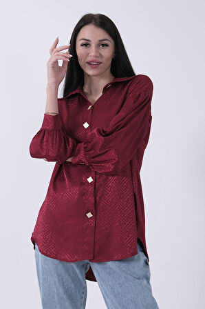 Bordo Üzeri Desenli Gold Düğme Detaylı Tunik 45951993.04
