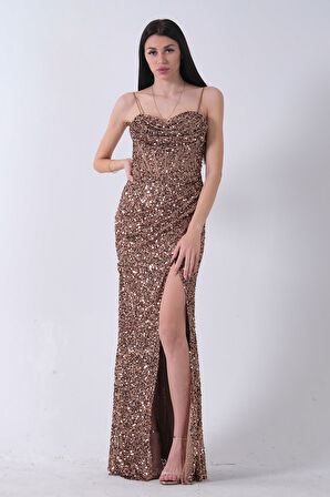 Bakır Drapeli Parlak Pul Payetli Askılı Abiye 9705539.231