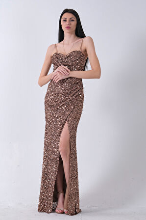 Bakır Drapeli Parlak Pul Payetli Askılı Abiye 9705539.231