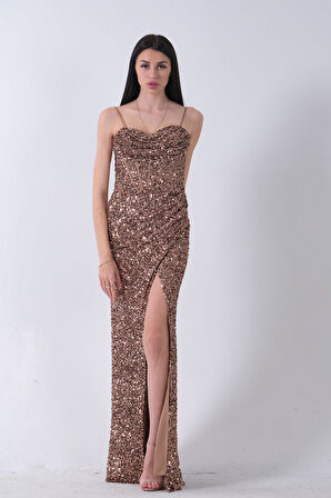 Bakır Drapeli Parlak Pul Payetli Askılı Abiye 9705539.231