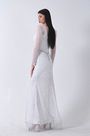 Beyaz Taş İşlemeli Balık Abiye Elbise 9705141.15