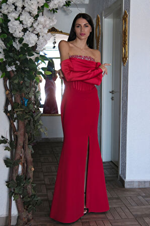Kırmızı Göğüs Taş İşleme Detaylı Drapeli Abiye 9705446.08