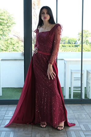 Bordo Boncuk İşlemeli Tül Kol Detaylı Uzun Abiye 9705463.04