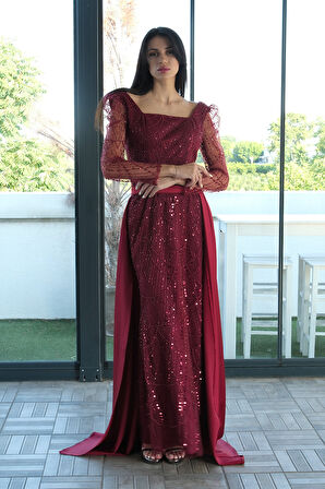 Bordo Boncuk İşlemeli Tül Kol Detaylı Uzun Abiye 9705463.04