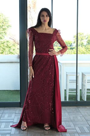 Bordo Boncuk İşlemeli Tül Kol Detaylı Uzun Abiye 9705463.04