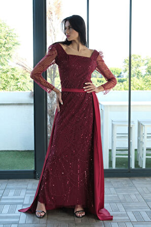 Bordo Boncuk İşlemeli Tül Kol Detaylı Uzun Abiye 9705463.04