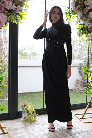 Siyah Bisiklet Yaka Taş İşlemeli Uzun Tesettür Abiye 6502508.01