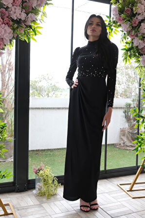 Siyah Bisiklet Yaka Taş İşlemeli Uzun Tesettür Abiye 6502508.01
