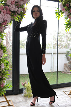 Siyah Bisiklet Yaka Taş İşlemeli Uzun Tesettür Abiye 6502508.01