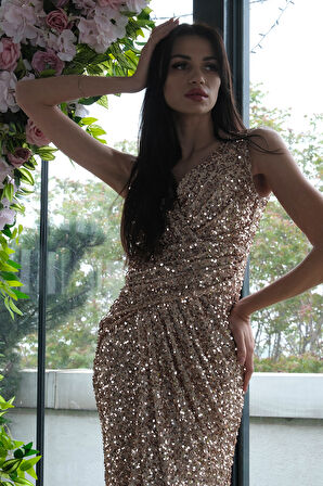 Gold V Yaka Payetli Işıltılı Uzun Abiye 9705495.122