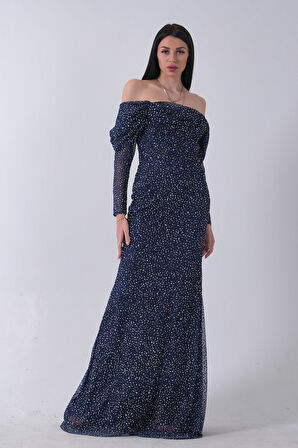 Lacivert Kayık Yaka Simli Uzun Kol Abiye 9705266.02