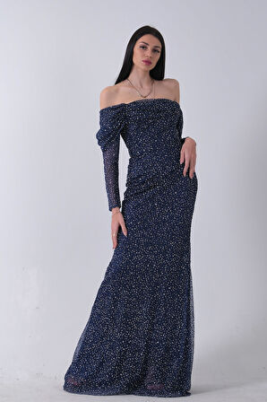 Lacivert Kayık Yaka Simli Uzun Kol Abiye 9705266.02