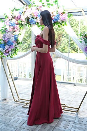 Bordo Taş Askılı Düşük Kol Saten Abiye 0806118.04