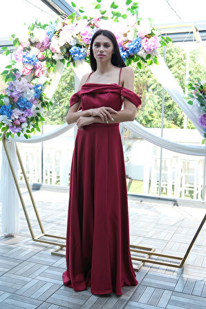 Bordo Taş Askılı Düşük Kol Saten Abiye 0806118.04