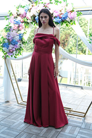 Bordo Taş Askılı Düşük Kol Saten Abiye 0806118.04