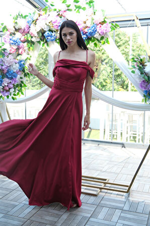 Bordo Taş Askılı Düşük Kol Saten Abiye 0806118.04