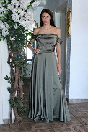 Haki Taş Askılı Düşük Kol Saten Abiye 0806118.23