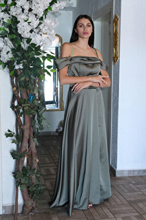 Haki Taş Askılı Düşük Kol Saten Abiye 0806118.23