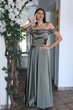 Haki Taş Askılı Düşük Kol Saten Abiye 0806118.23