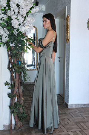 Haki Taş Askılı Düşük Kol Saten Abiye 0806118.23