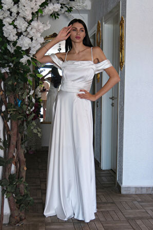 Beyaz Taş Askılı Düşük Kol Saten Abiye 0806118.15