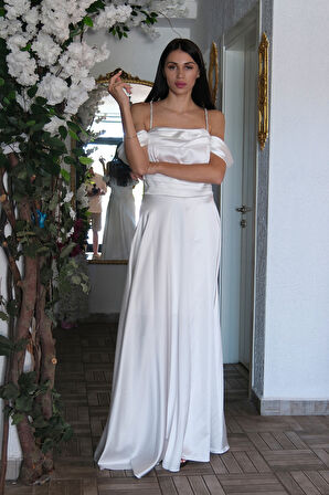 Beyaz Taş Askılı Düşük Kol Saten Abiye 0806118.15